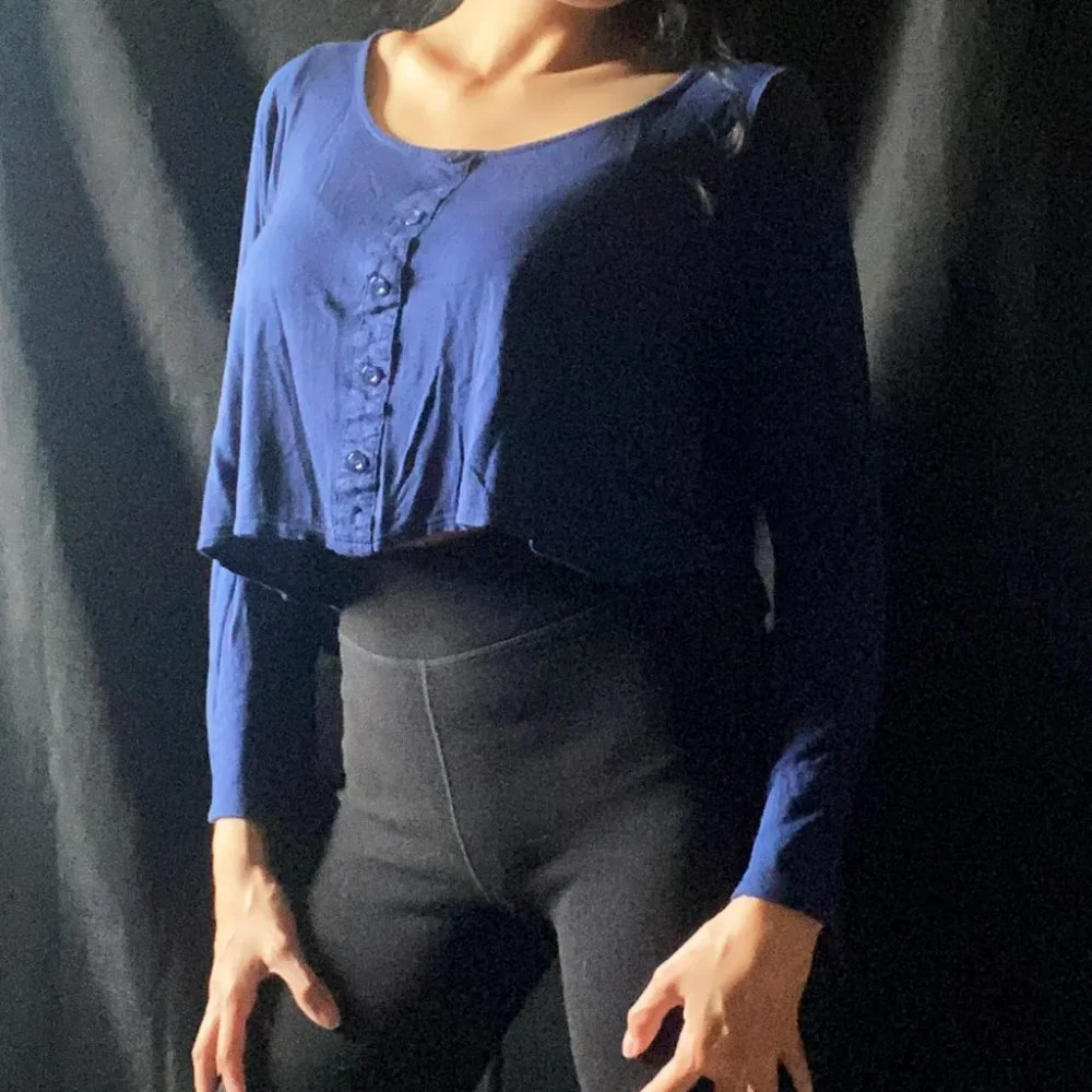 Anthropologie Navy Blue Button-Front Long-Sleeve Crop Top